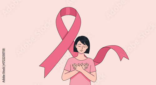 Woman with hands on chest and pink ribbon for breast cancer awareness