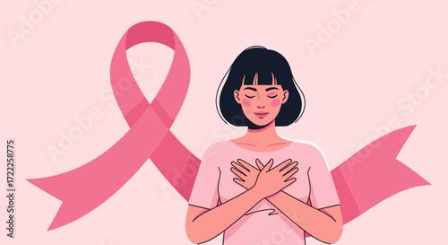 Woman with hands on chest next to pink ribbon for breast cancer awareness