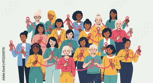 Diverse group of women holding pink ribbons for breast cancer awareness