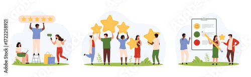 Customer feedback, review survey of clients opinion set. Tiny people holding five gold rating stars, choose emoji in online form of poll about quality of product or service cartoon vector illustration