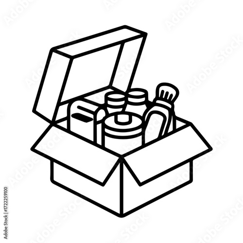 Conveniently packaged food and household items in open box, illustrating essential supplies, pantry stock, donation box contents, and organized storage solutions