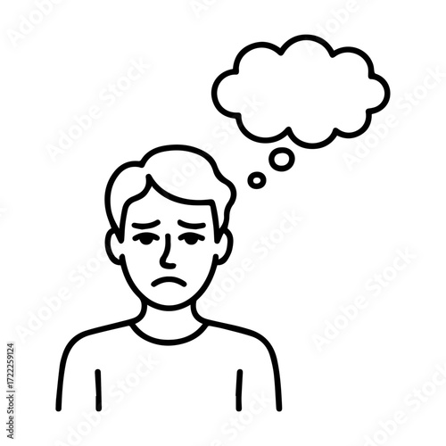 Line art illustration of a pensive man with a thought bubble expressing sadness or worry, great for mental health campaigns or emotional support materials