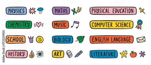 School subjects labels for timetable and planner, colorful doodle set for students and teachers, hand drawn