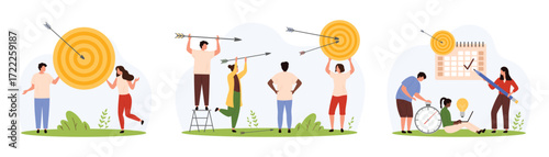 Accurate shot on target, success business goal and progress in challenge set. Tiny people holding arrows to hit bullseye, work with huge calendar and timer to plan growth cartoon vector illustration