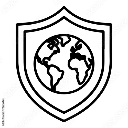 Global Security Shield Icon for Worldwide Protection Strategy, International Data Safety, and Network Defense - Originally a Scalable Vector Graphic
