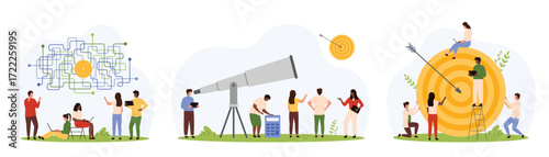 Success business goal and progress in challenge set. Tiny people work with maze of solutions to achieve goal, look at target through telescope, hit bullseye with arrow cartoon vector illustration