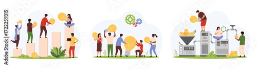 Creative solution development and team cooperation in startup set. Tiny people convert light bulbs into money with sales funnel, develop and share genius ideas together cartoon vector illustration