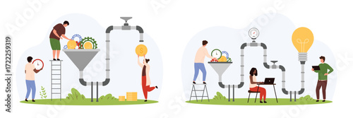 Marketing ideas flow set. Tiny people convert light bulbs, gears and time into money using sales funnel and pipe machine, work on solution creation and optimization cartoon vector illustration