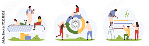 Bar status of loading process and interface settings set. Tiny people load data, work with circle loop refresh sign with arrows to download, update and reboot software cartoon vector illustration