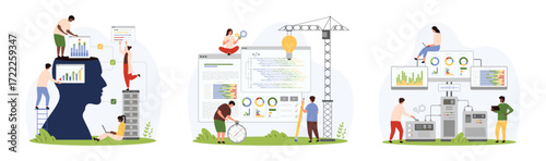 Backend development, coding, software engineering and programming set. Tiny people build program code with construction crane and light bulb, engineers monitor settings cartoon vector illustration