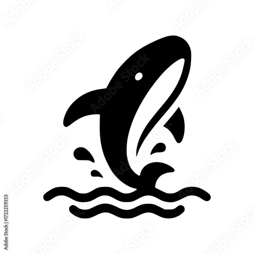 A stylized, minimalist depiction of a leaping whale emerging from the water, rendered in bold black and white, a symbol of freedom