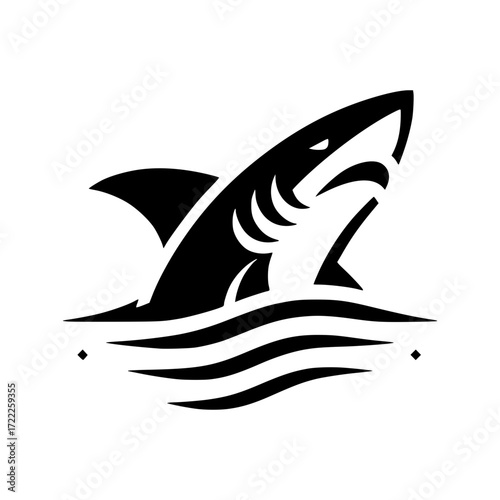 A striking illustration of a shark breaching the water's surface, a symbol of power and predatory nature. The shark is depicted in bold black and white lines.