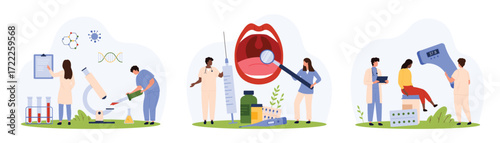 Diagnosis of infections and viruses, mouth and throat health set. Tiny people check body temperature with infrared thermometer, research saliva sample with microscope cartoon vector illustration
