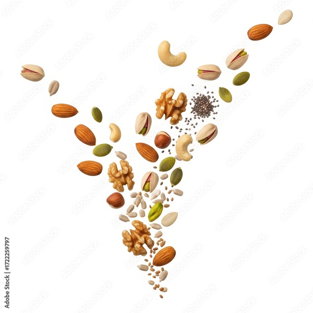 Obraz premium Assortment of fresh raw nuts and seeds artistically arranged creating a unique design