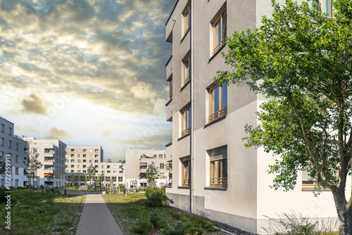 Residential area with ecological and sustainable green residential buildings, low-energy houses with modern apartments, new green urban landscape in the city