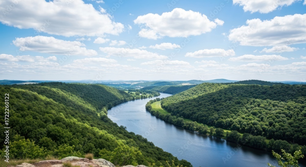 Fototapeta premium High-angle view of a meandering river flowing through lush green valleys and hills. Vast landscape stretches beneath a partly cloudy sky
