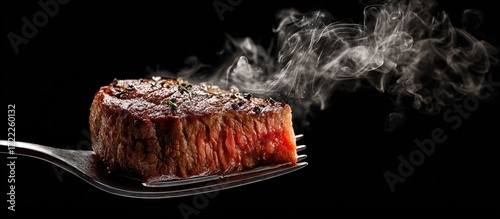 Close-up of a juicy, seared steak on a fork, steam rising against a black background