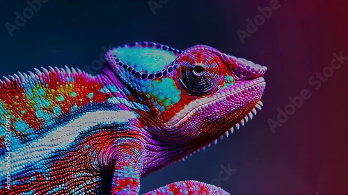Colorful close-up of a chameleon on a vibrant background, showcasing its unique textures and patterns