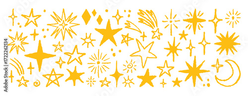 Hand drawn stars with rough ink edges and sketchy texture. Hand drawn.