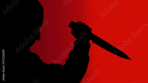 Silhouette of a man holding knife on red background, symbol of crime, violence, danger, horror, fear, murder, assault, for thriller, security, or awareness themes,vector illustration.