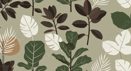 Abstract botanical pattern with stylized leaves isolated on transparent background