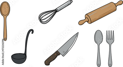 Collection of hand drawn kitchen utensils isolated on transparent background