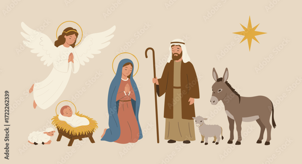 Obraz premium Nativity scene with angel donkey sheep and star isolated on transparent background