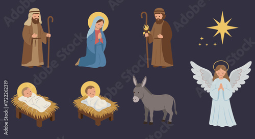 Christmas nativity scene characters and symbols isolated on transparent background