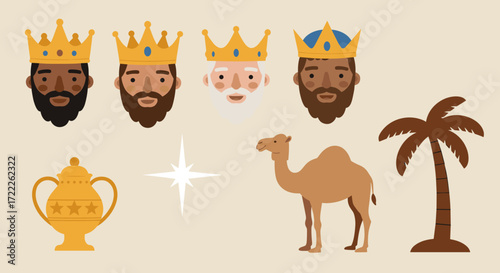 Nativity wise men camel palm tree and gifts isolated on transparent background