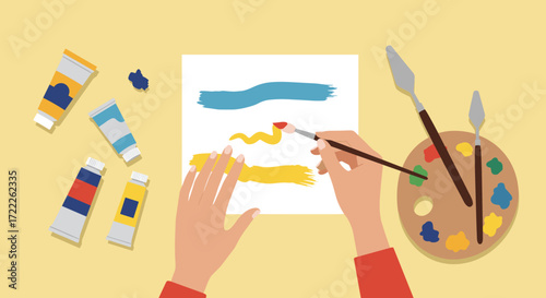 Hands painting on canvas with art supplies isolated on transparent background