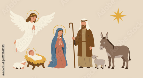 Nativity scene with angel donkey sheep and star isolated on transparent background