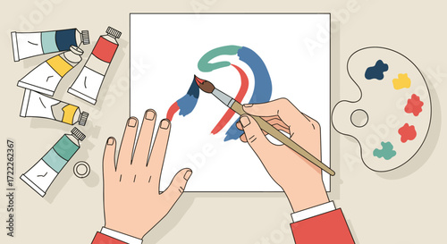 Artist hands painting abstract art on canvas isolated on transparent background
