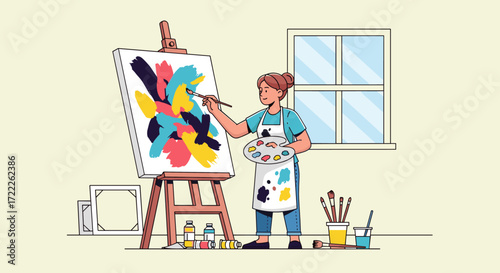 Artist painting abstract art on easel isolated on transparent background