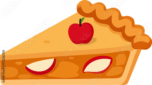 Delicious apple pie slice with a shiny red apple on top