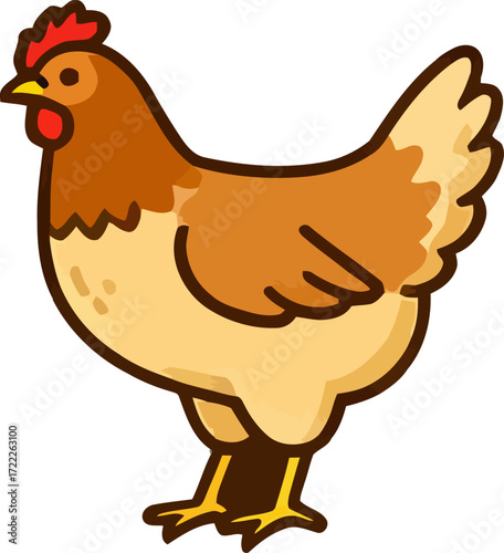 Brown hen standing confidently on a farm yard