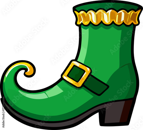 Creative green elf boot with golden accents and curled toe