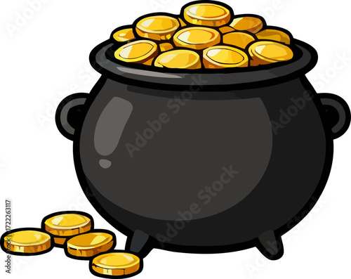 Black pot overflowing with gold coins on a white background