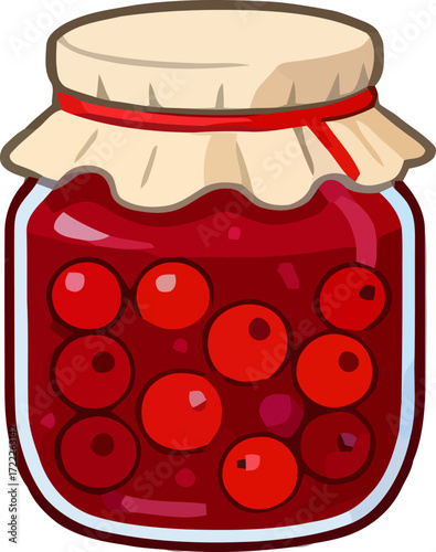 Bright red jam in a glass jar with a fabric cover