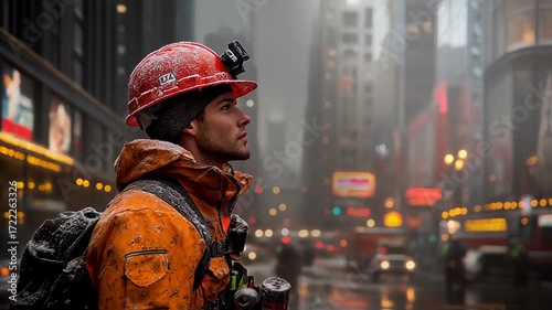 Construction worker in orange gear gazing upward in a bustling city street during winter