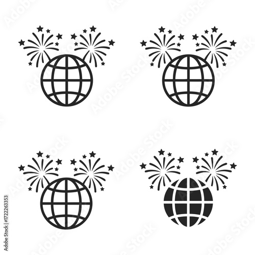 Vector art of collection of globe icons with fireworks, symbolizing global celebrations, international events, and worldwide festivities