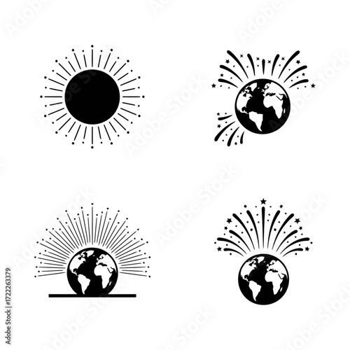Vector art of four different earth globe designs with radiating lines, conveying energy, celebration, and global impact