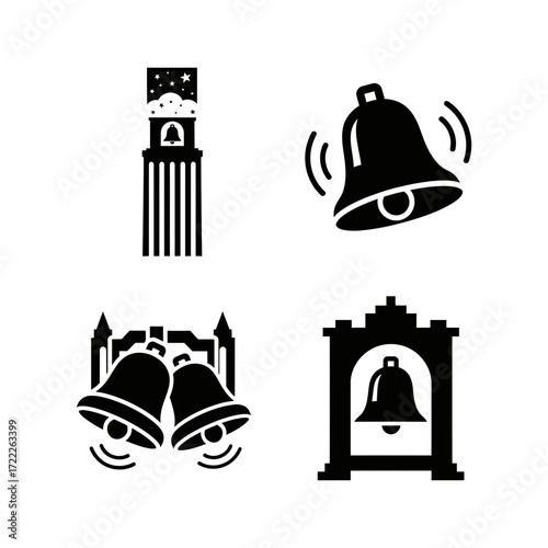 Vector art of collection of four bell icons, each representing different aspects of sound, signal, and notification
