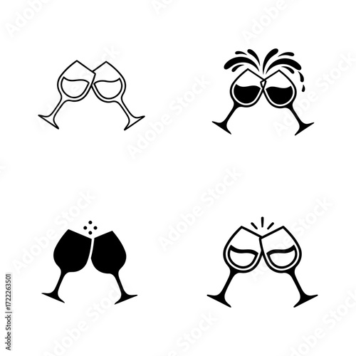 Vector art of four pairs of champagne glasses toasting, celebrating a special occasion with a splash of sparkling wine or champagne