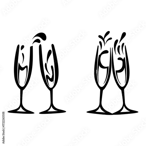 Vector art of two pairs of champagne glasses toasting, celebrating a special occasion with a splash of sparkling wine or champagne