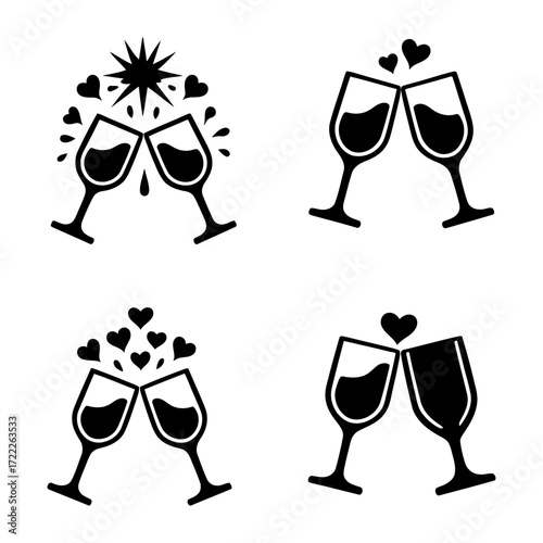 Vector art of silhouette illustration of toasting wine glasses with hearts, perfect for romantic celebrations and special events
