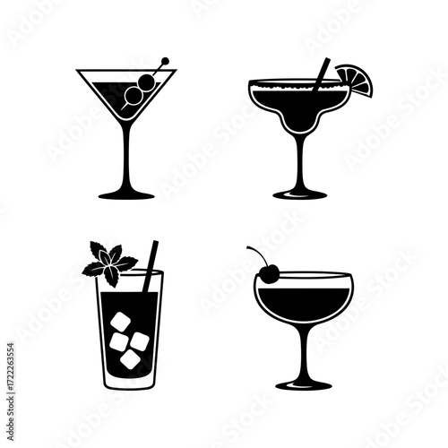 Vector art of collection of cocktail glasses showcasing a martini, margarita, mojito, and daiquiri for bar or restaurant use