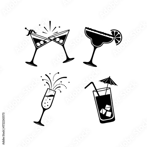 Vector art of collection of cocktail glasses featuring champagne, margarita, and tropical drinks for party and celebration themes