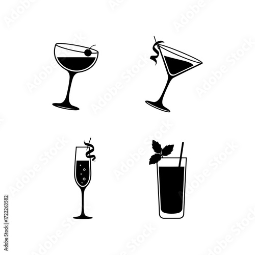 Vector art of collection of four different cocktail glasses, including martini, champagne, and highball glasses