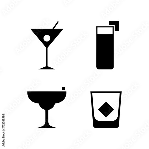 Vector art of set of four different cocktail glasses, including martini, margarita, highball, and old fashioned glasses
