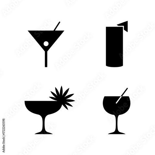Vector art of collection of cocktail icons includes a martini, a highball, a margarita, and a wine glass with a straw